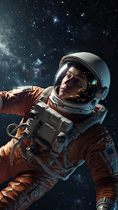 Astronaut Floating in Deep Space, Orange Suit and Starfield