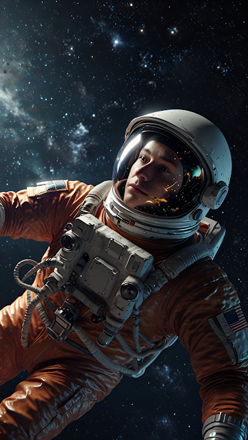 Astronaut Floating in Deep Space, Orange Suit and Starfield - Free mobile Wallpaper