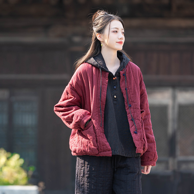 Damen-Steppjacke, Baumwoll-Leinen, Vintage-Stil, Stehkragen