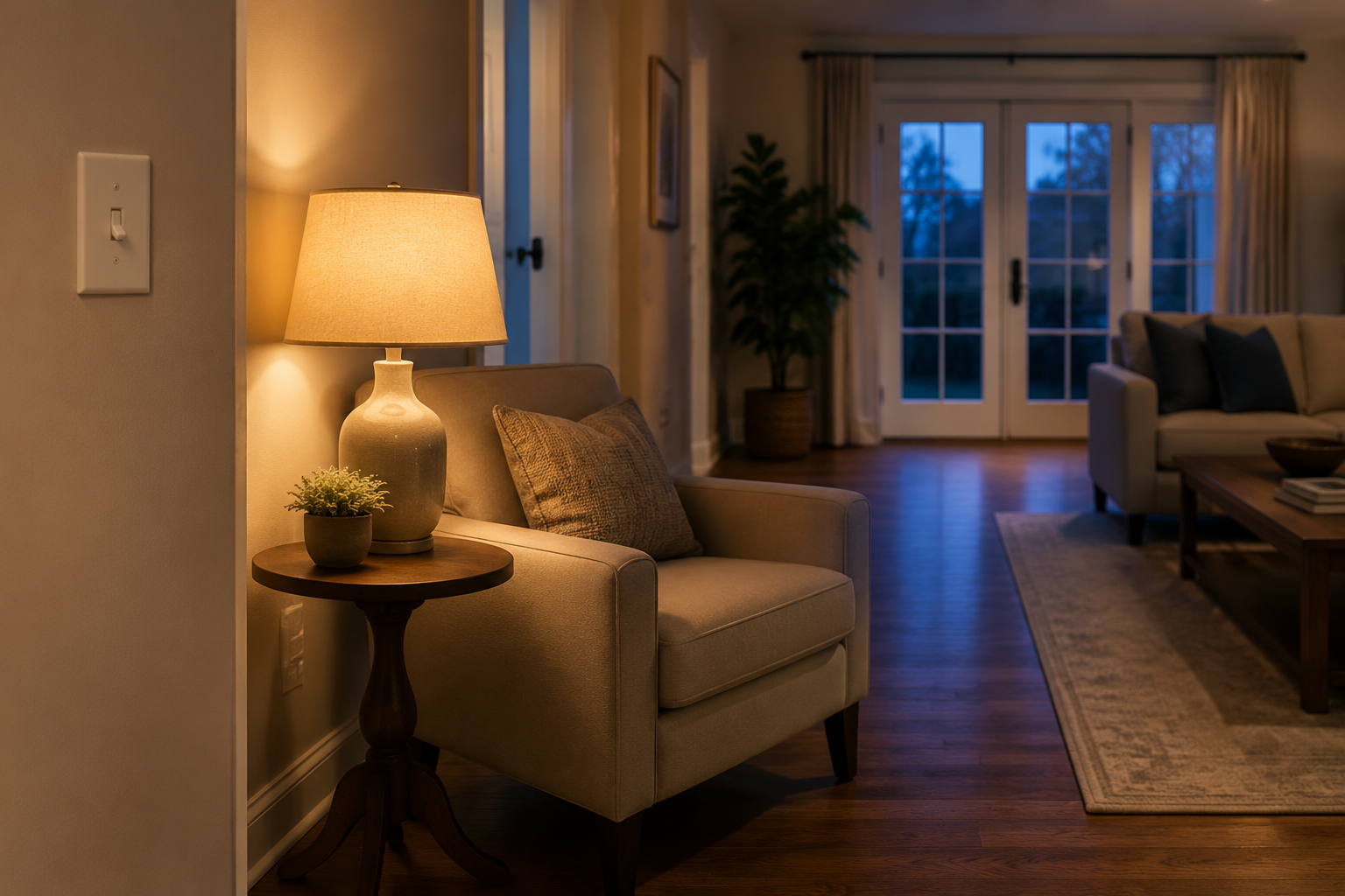 A calm living room at dusk with a lamp on and a familiar wall switch visible near the doorway.
