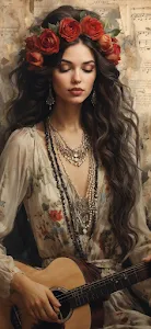 Bohemian Woman with Roses and Acoustic Guitar