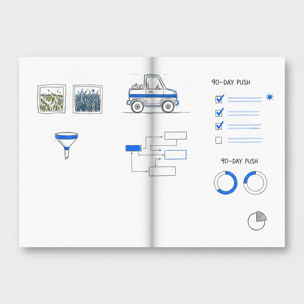 Minimal notebook spread of lawn care marketing sketches: hand-drawn before/after lawn thumbnails, a lawn-truck icon and a visual 90-day checklist, dark gray lines with blue accents on white paper.