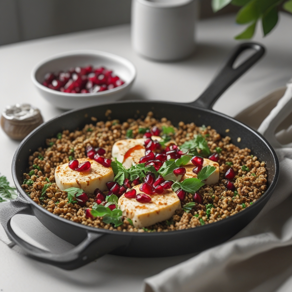 Za'atar-Spiced Freekeh & Halloumi Skillet with Pomegranate Molasses Drizzle