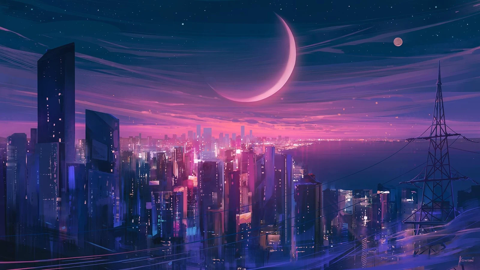 Neon City Under A Giant Moon - Vaporwave Digital Art Full HD Wallpaper (1920x1080)
