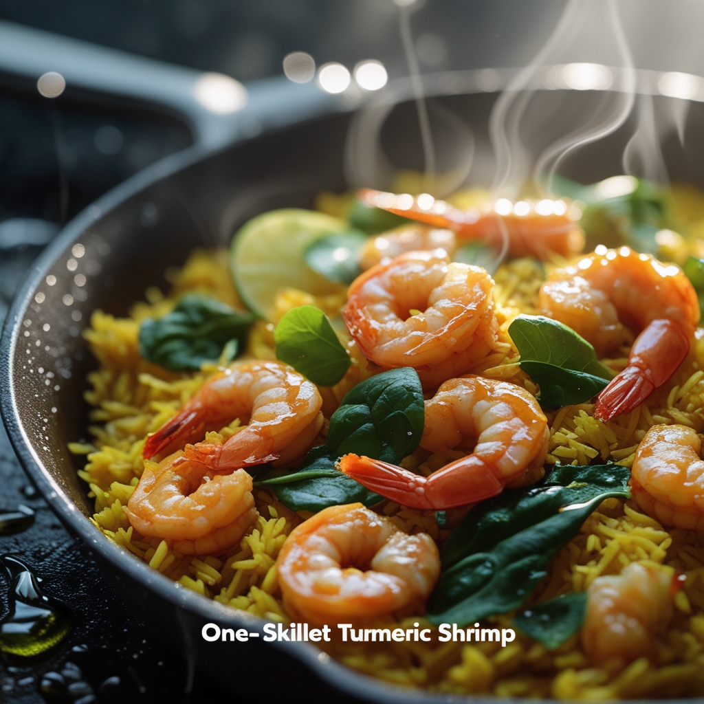 One-Skillet Indian Turmeric Shrimp & Spinach with Coconut Lime Rice