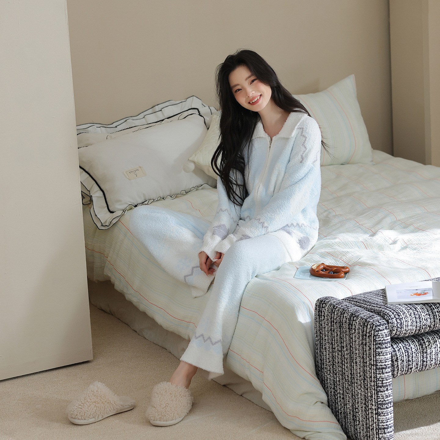 Women's zip-up loungewear with blazer collar