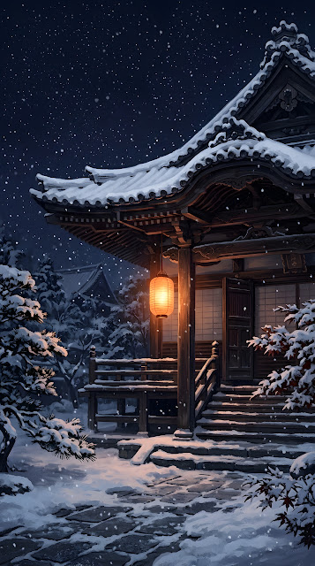 Snowy Japanese Temple Courtyard at Night - Free mobile Wallpaper