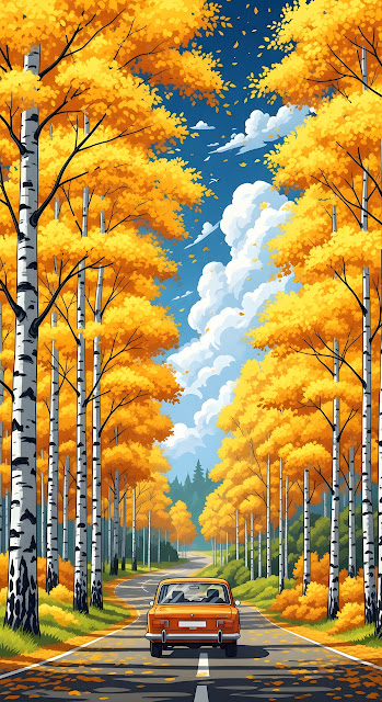Vintage Car Driving Through a Vibrant Autumn Birch Forest - Free mobile Wallpaper