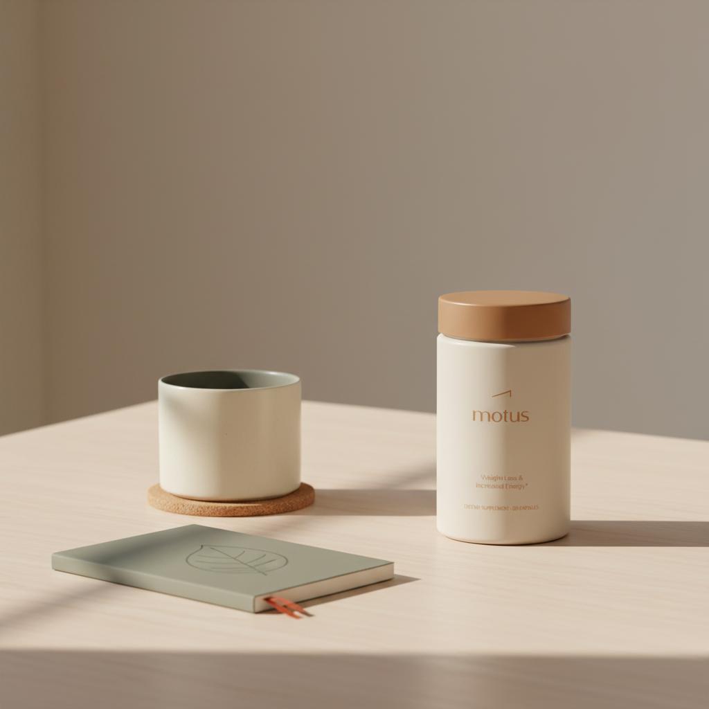 Motus supplement bottle on a light wooden tabletop next to a notebook and ceramic mug on a soft beige background, minimalist scene suggesting a daily ritual to naturally increase your metabolism