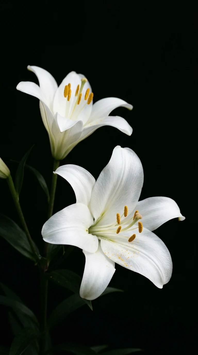 Minimalist Photography of Two White Lilies Against Solid Black Background - Free 8K and 4K mobile Wallpaper Background
