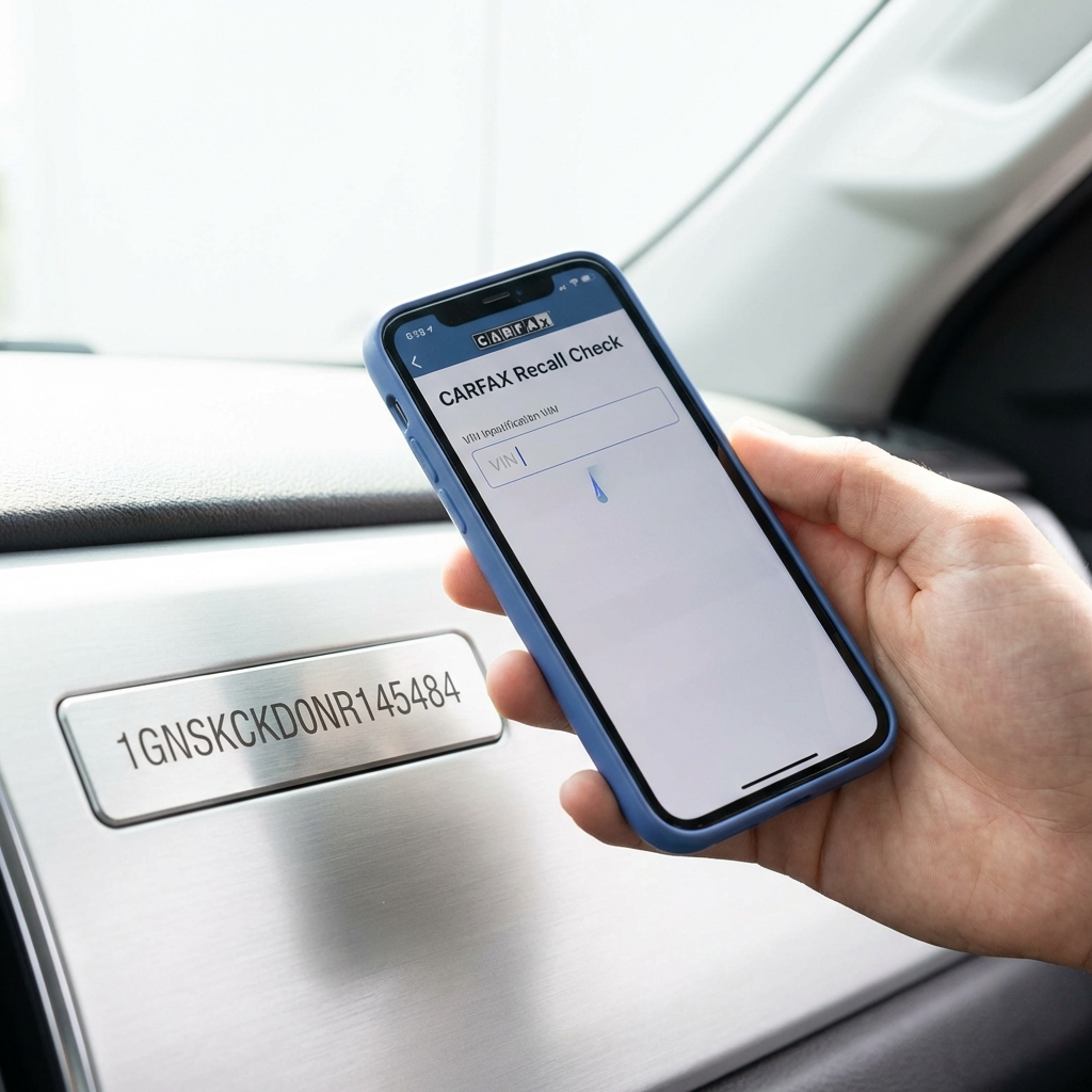 Close up of a vehicle VIN on dashboard with a hand typing the VIN into a smartphone for a recall check used automobiles for sale near me