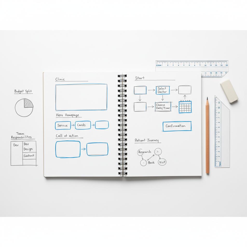 Top-down notebook wireframe sketch of a clinic homepage and booking flow for a website for doctors, drawn with dark gray #39383f lines and blue #1a5bfb accents on a white desk.