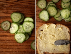 Phết đều 1 muỗng cà phê bơ lên 1 mặt của lát bánh mì, rắc lên 1/4 muỗng cà phê tiêu rồi xếp đều dưa leo lên trên.