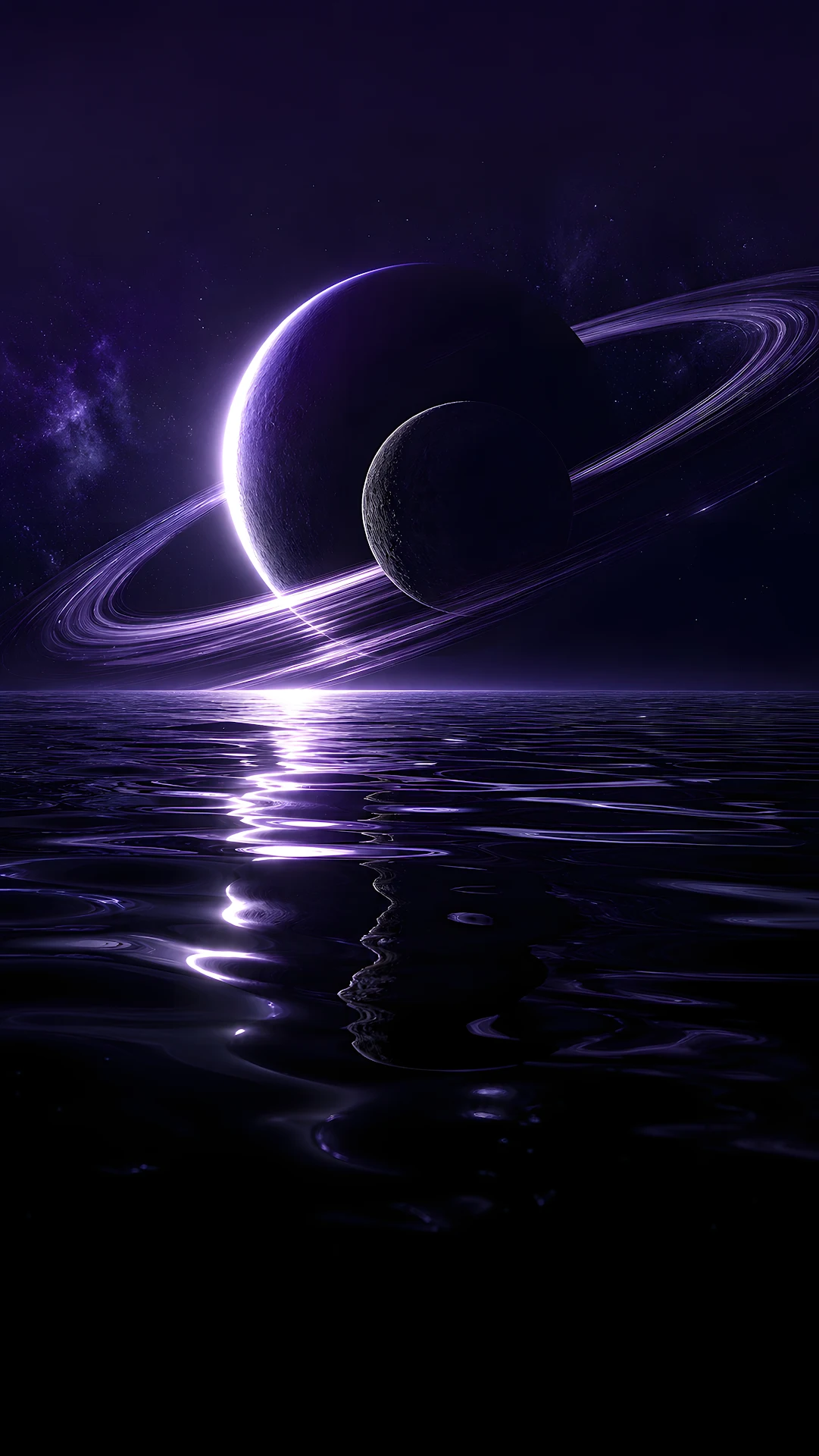 Obsidian Ocean on Exoplanet with Ringed Planet Eclipse - Free 4K mobile Wallpaper