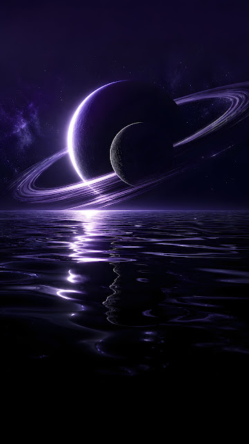 Obsidian Ocean on Exoplanet with Ringed Planet Eclipse - Free mobile Wallpaper