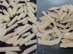Cách sên mứt củ sắn giòn ngon: Cho củ sắn + nước đường vào chảo rộng, mở to lửa đun cho nước đường sôi rồi hạ lửa nhỏ. Thi thoảng đảo đều mứt của sắn một lần. Khi nước đường trong chảo cạn, đảo hơi nặng tay thì tắt bếp. Tiếp tục đảo đều mứt củ sắn đến khi đường kết tinh bám trắng vào miếng mứt củ sắn thì cho một chút bột vani vào đảo đều rồi tắt bếp.