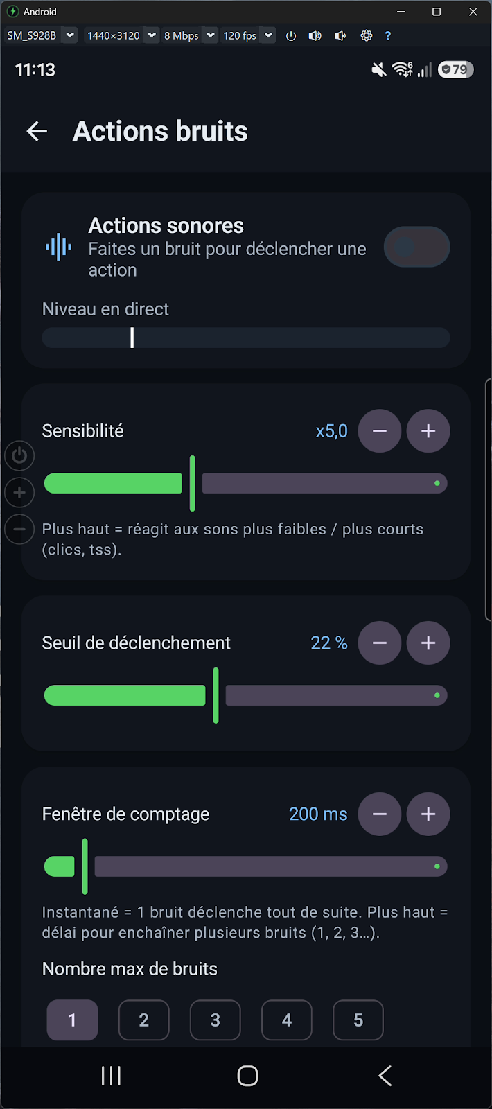Accessibility Controller Android - actions bruits : déclencher une action en faisant un bruit