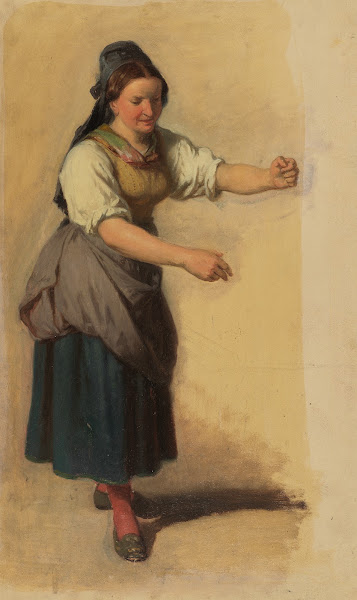 Junge Schwarzwälder Bäuerin mit vorgestreckten Armen ca 1850