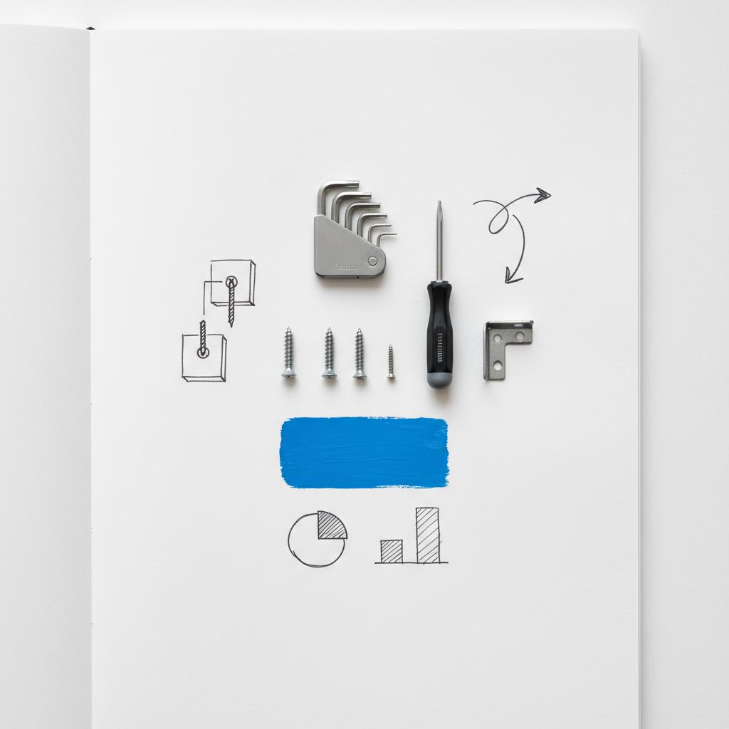 Minimal flat-lay of screwdriver, hex key set, screws and brackets on a white notebook page with hand-drawn assembly sketches and a blue accent swatch &mdash; illustrating TaskRabbit cost