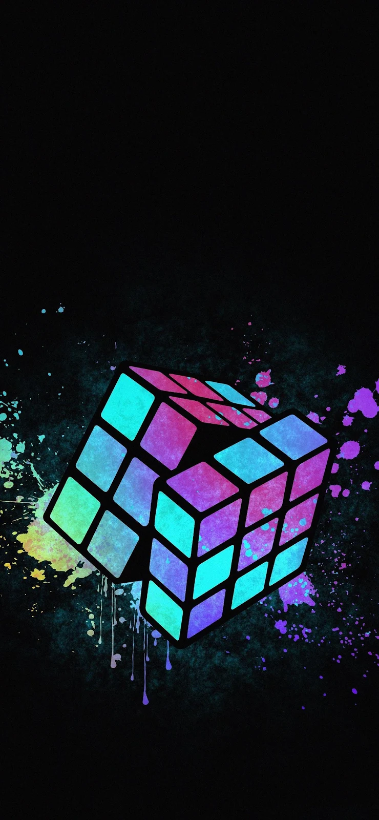 Neon Splatter Rubik's Cube - Graphic Art Full HD iPhone Wallpaper (1284x2778)