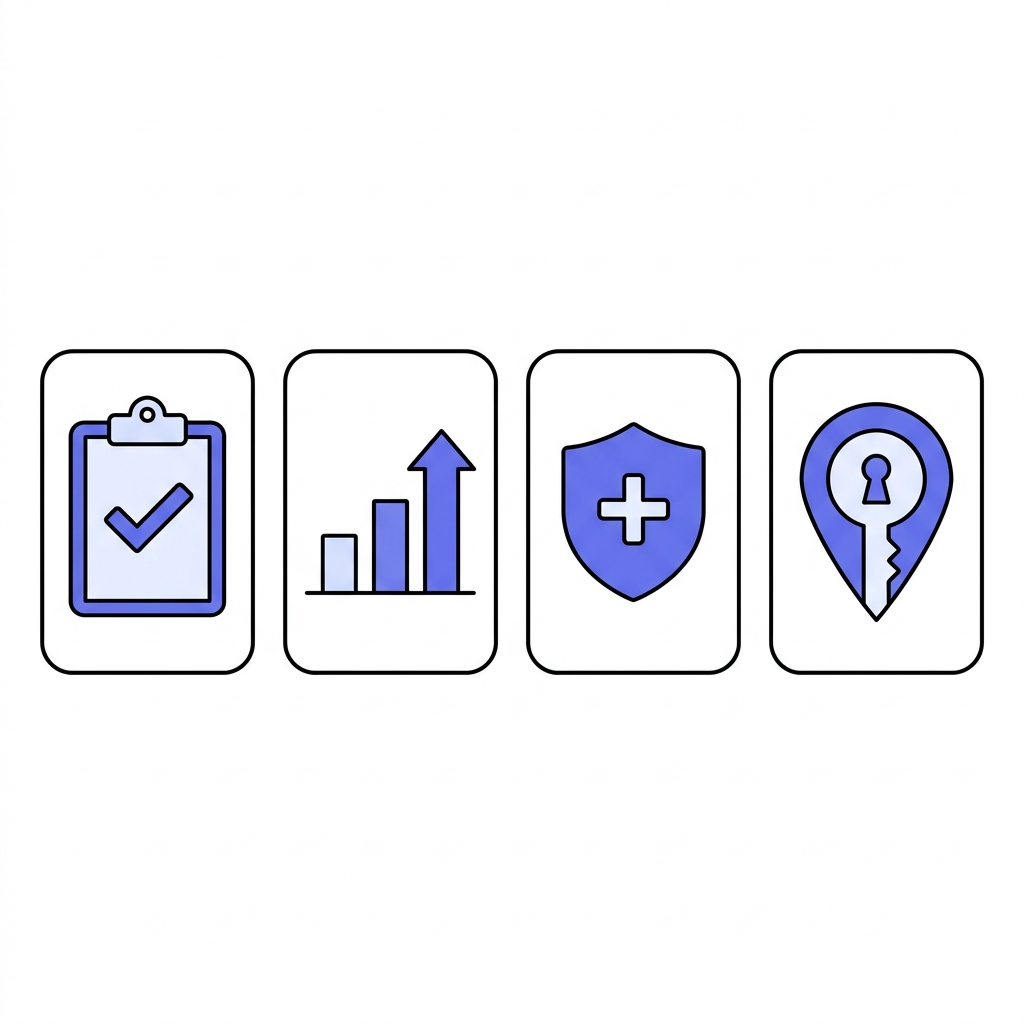Minimal 2D vector checklist of four icons representing indication evidence strength safety and access in Peptide World colors for peptides for weight loss
