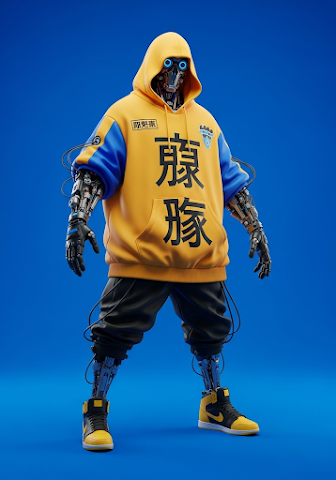 Cyberpunk Robot Yellow Hoodie Techwear Kanji
