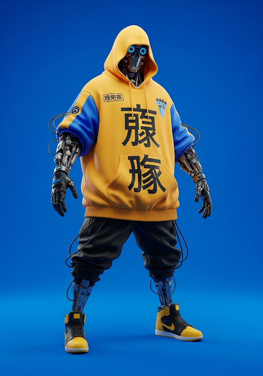 Cyberpunk Robot Yellow Hoodie Techwear Kanji