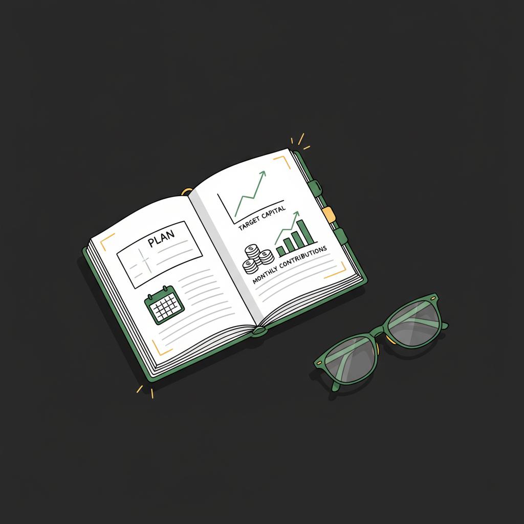 Minimal 2D vector workspace with notepad showing a hand drawn plan for monthly contributions and target capital with glasses illustrating invest to make 1000 a month