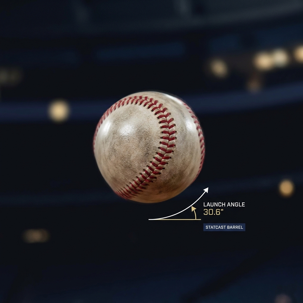Close up photorealistic batted baseball with annotated launch angle Statcast barrel graphic overlay in Funded Plays palette showing aaron judge home run odds