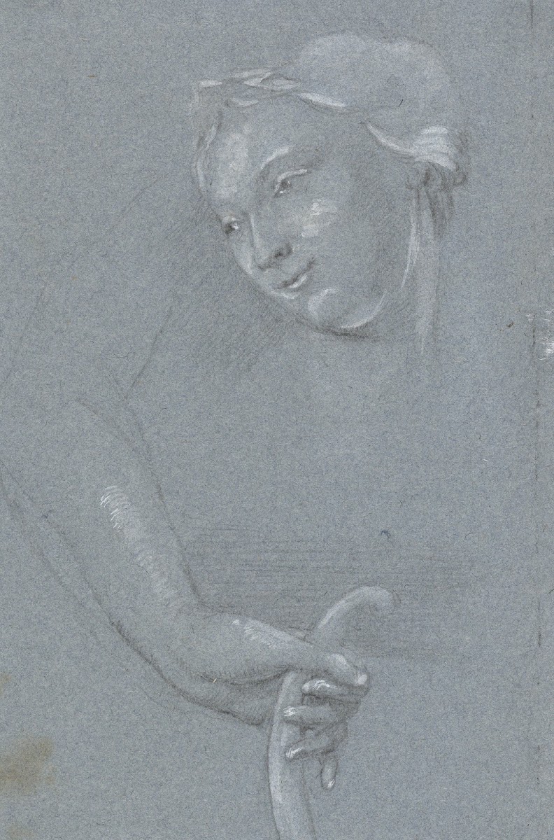 Studieblad met vrouwenkop en een hand met een boog 18th century
