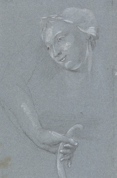 Studieblad met vrouwenkop en een hand met een boog 18th century