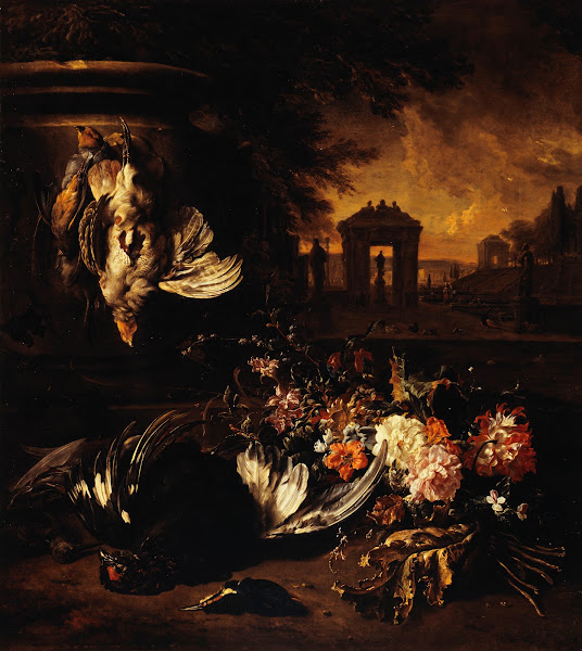 Fleurs et gibier mort devant un paysage 1662 1719