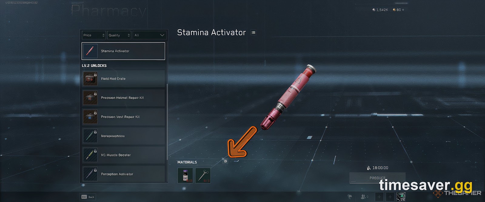 Delta Force production screen showing a Tekniq Alloy balance and item cost