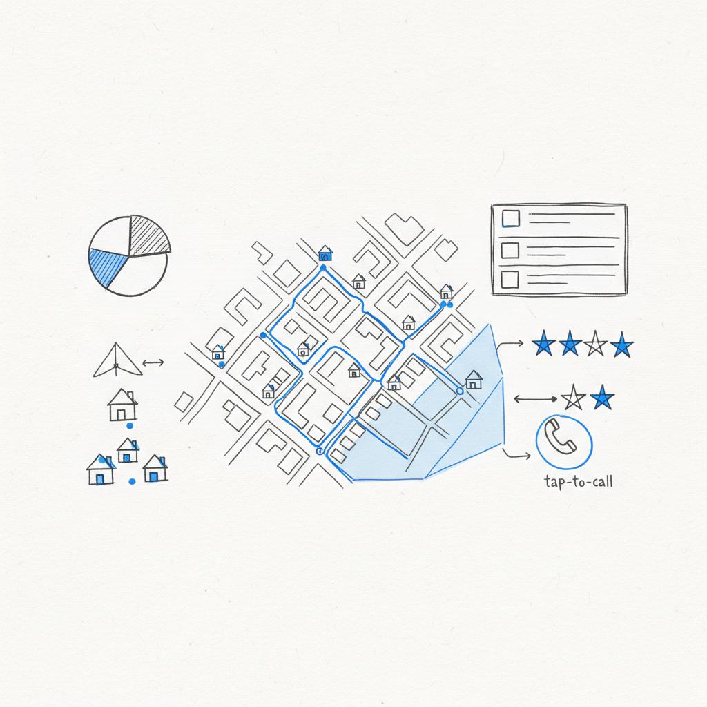 Notebook-style map sketch with plumbing van routes, service-area shading, house icons and tap-to-call highlight &mdash; how do I market myself as a plumber