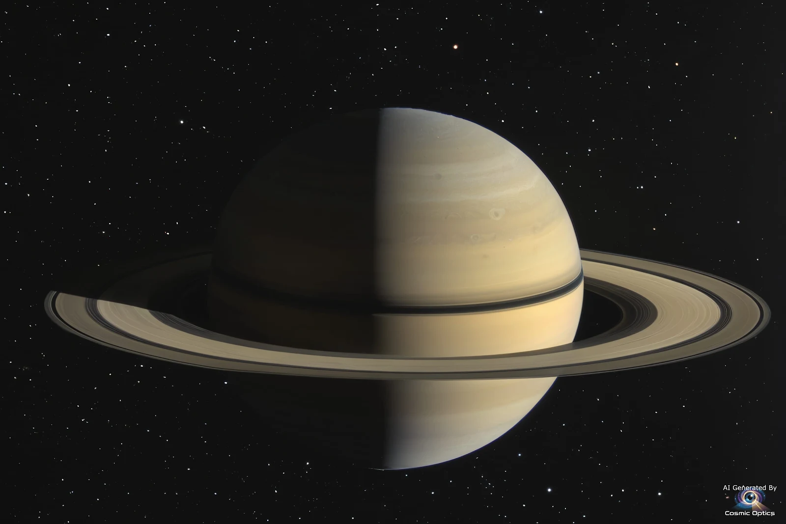 An authentic astrophotography shot of the planet Saturn in deep space. The large, smooth, pale beige_00021
