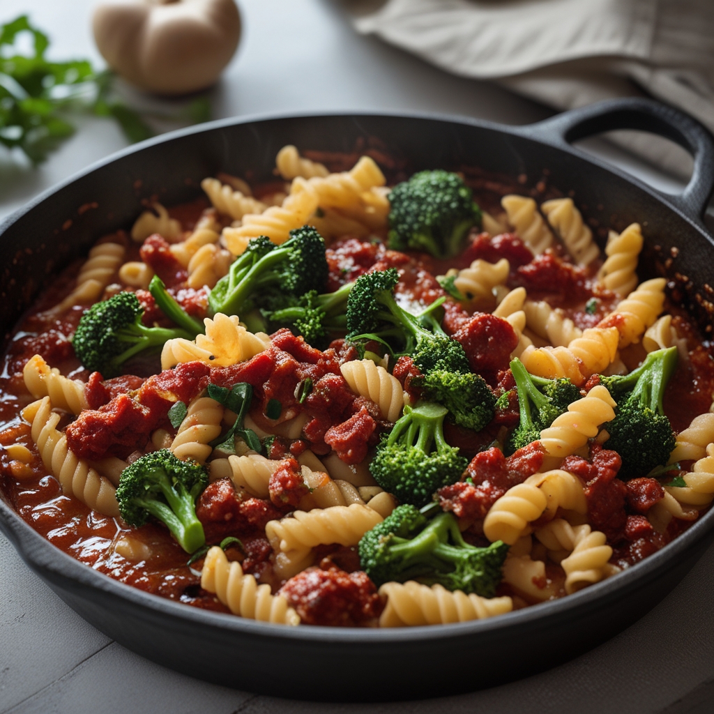 Spicy 'Nduja & Broccolini Skillet Cavatappi Bake