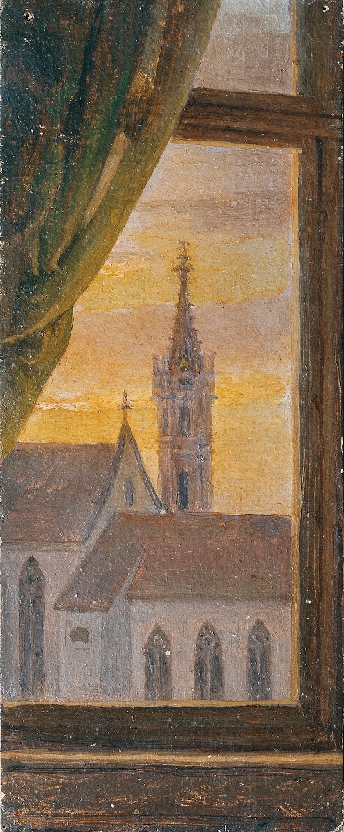 Blick durch ein Fenster auf einen gotischen Kirchturm 1854 1856