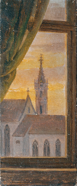 Blick durch ein Fenster auf einen gotischen Kirchturm 1854 1856