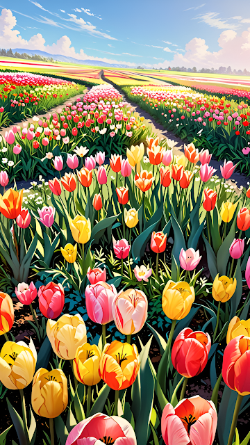 Vibrant Spring Tulip Fields Landscape Sunny Day Vertical - Free mobile Wallpaper