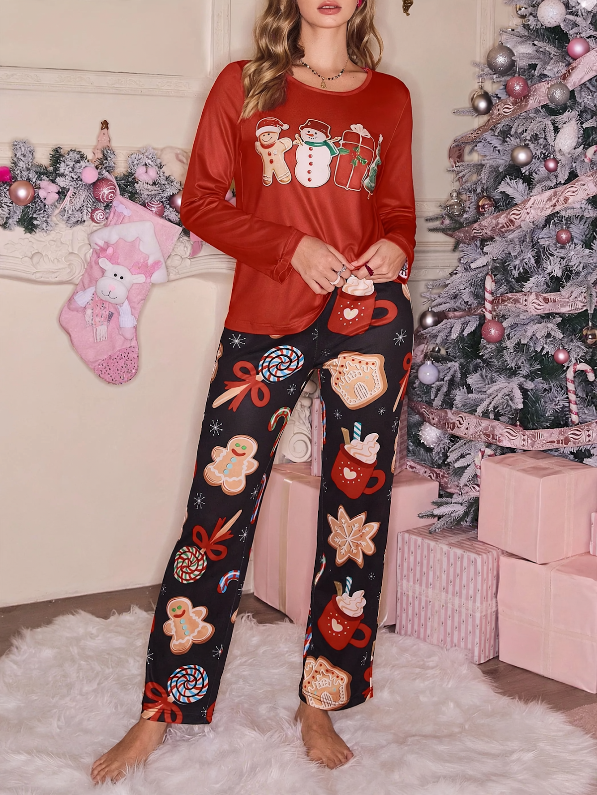 Casual pajama set with gingerbread man motif