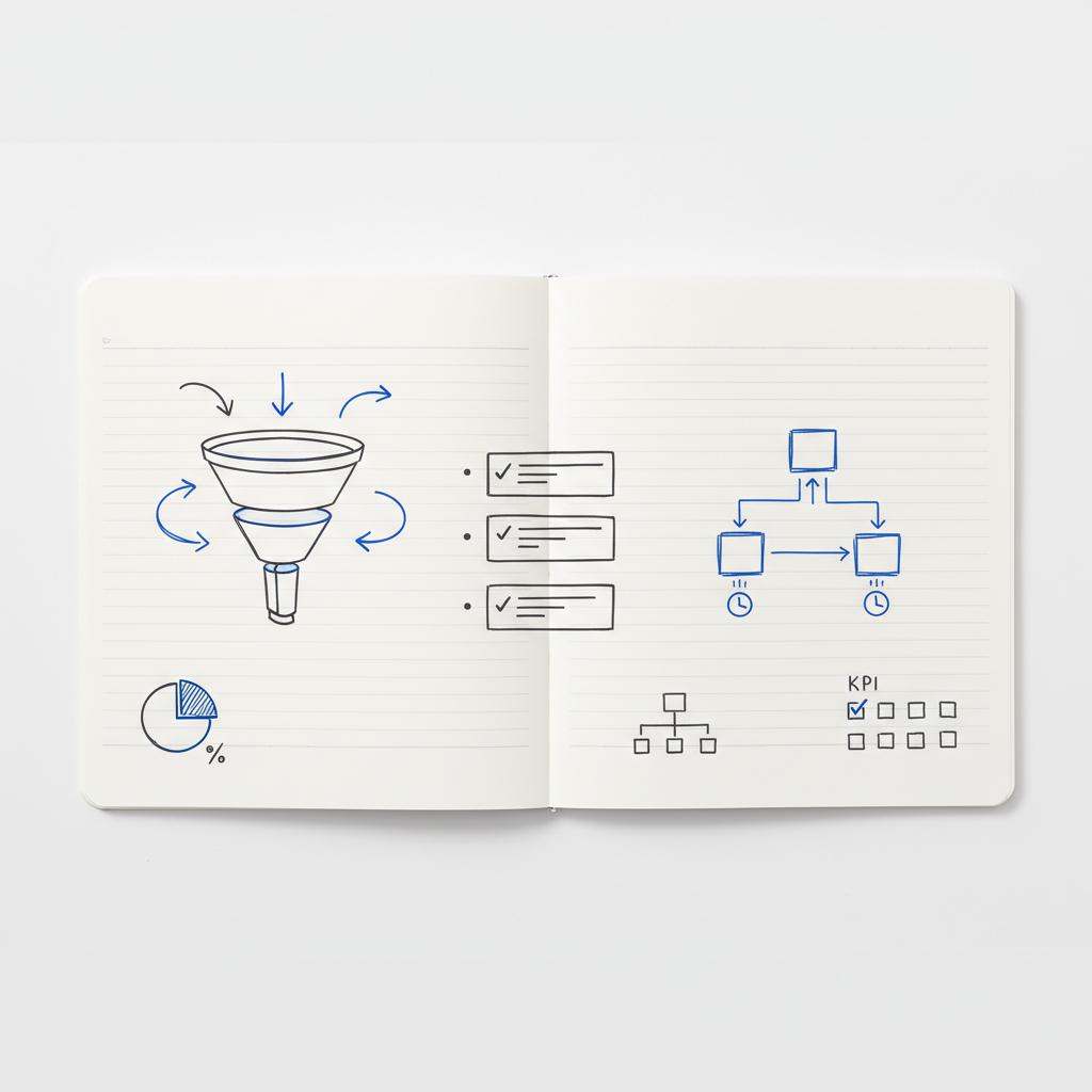 Notebook spread with three minimalist sketches &mdash; a marketing funnel, a content ideas list and an email automation flow &mdash; illustrating types of marketing strategies