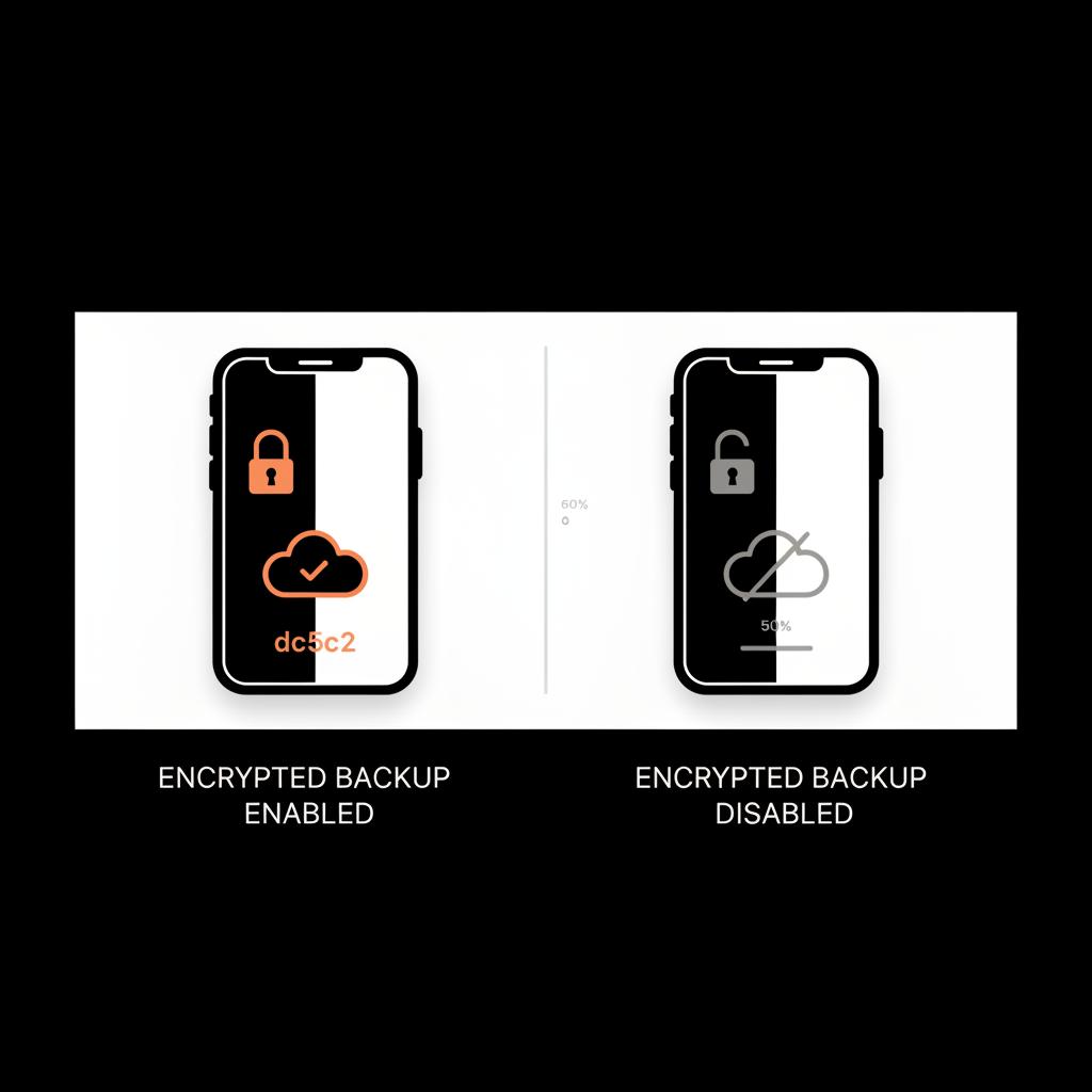 Minimal vector infographic showing a split phone panel with a locked cloud (backup enabled) and unlocked cloud (backup disabled), illustrating a secure WhatsApp business account.