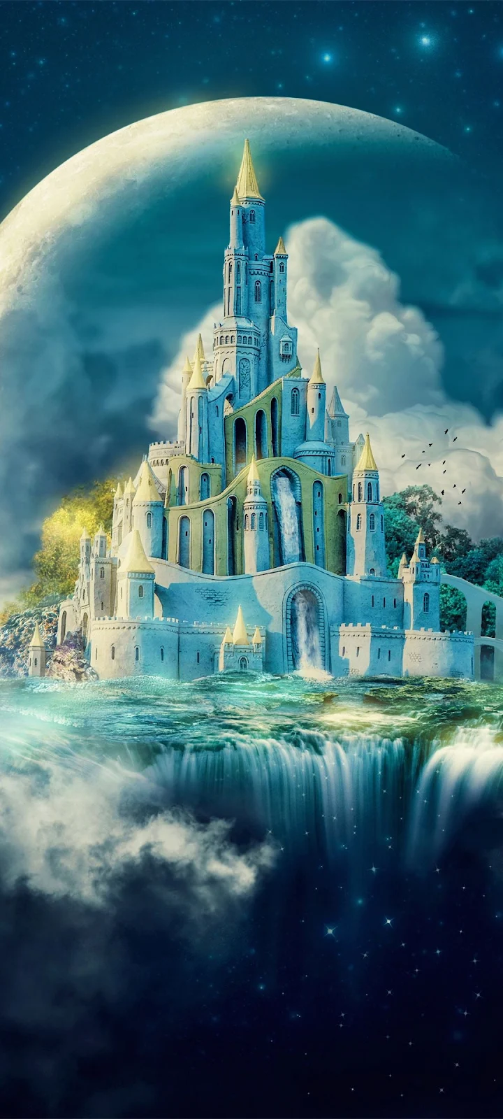 A Cool Fantasy Moon Castle, Painting, Art, Cloud, World Full HD iPhone Wallpaper for Free Download in High Quality [1080x2400]