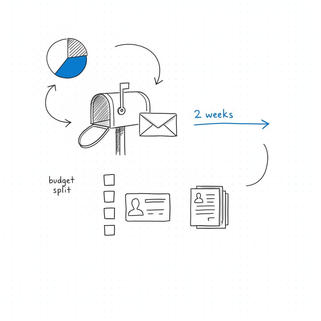 Hand-drawn notebook sketch of postcard verification flow with mailbox icon, two-week timeline arrow and document checklist for Google Business Profile support