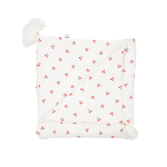 Дитячий плед Twins мусліновий 90x90 утеплений з китицями Вишні білий  