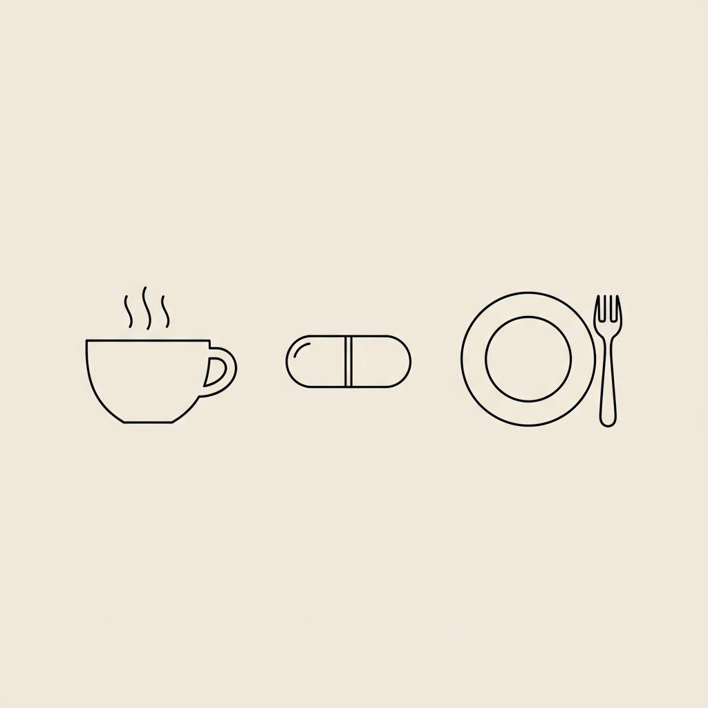Minimal Tonum-style line-art cup, capsule and plate with fork on beige background, illustrating How much L-theanine per day to lose weight?