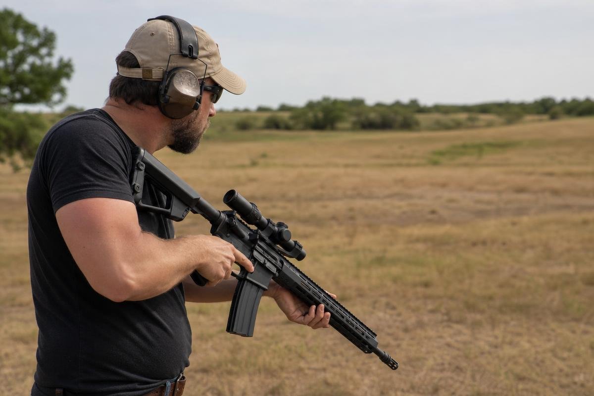 AR-15 LPVO mounted on a rifle at an outdoor shooting range