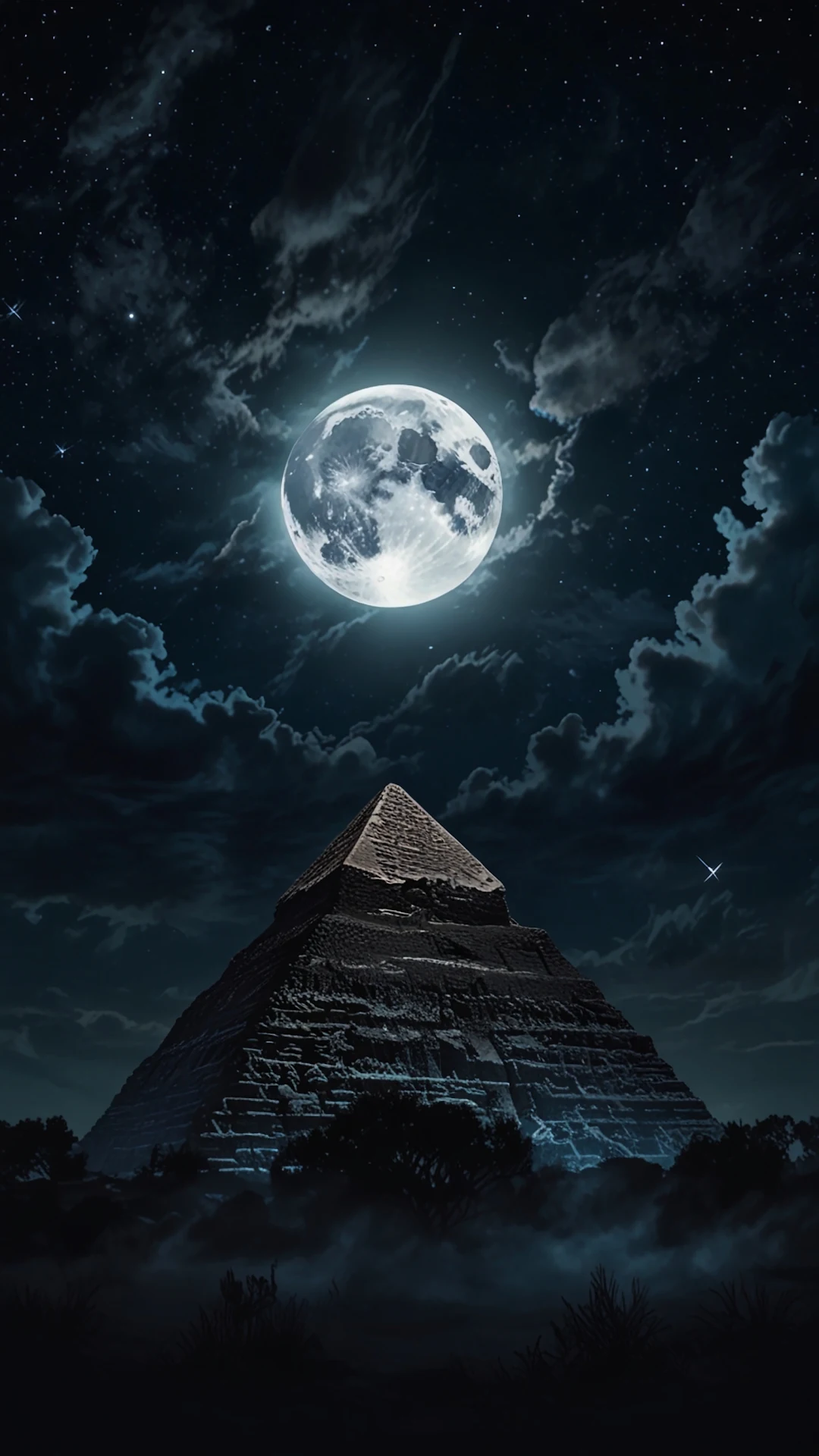 Ancient Pyramid Under Full Moon Night Sky - Free 4K mobile Wallpaper