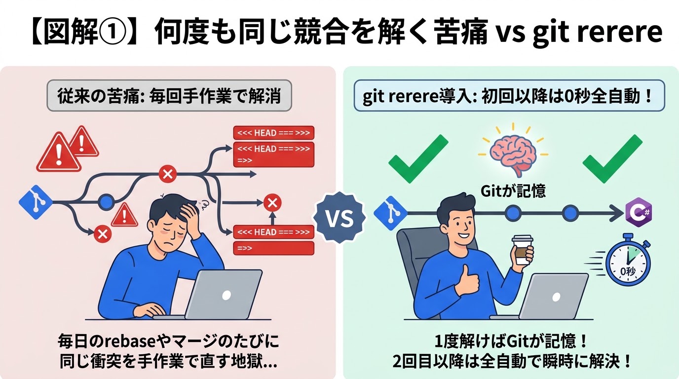 何度も同じ競合を手動解決する苦痛 vs git rerereの自動解決