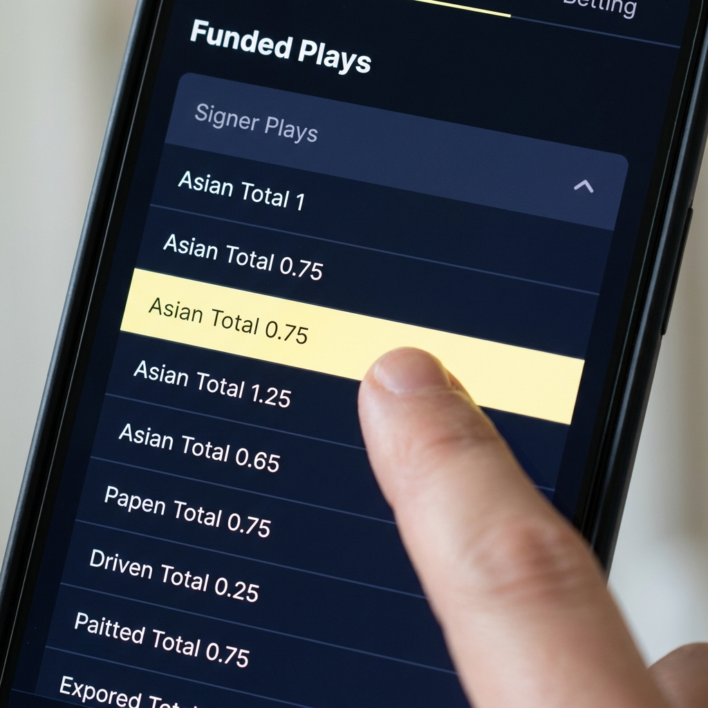 Close up of a mobile betting screen highlighting Asian total 0.75 with a finger pointing at the line on a minimalist Funded Plays style interface asian sportsbook